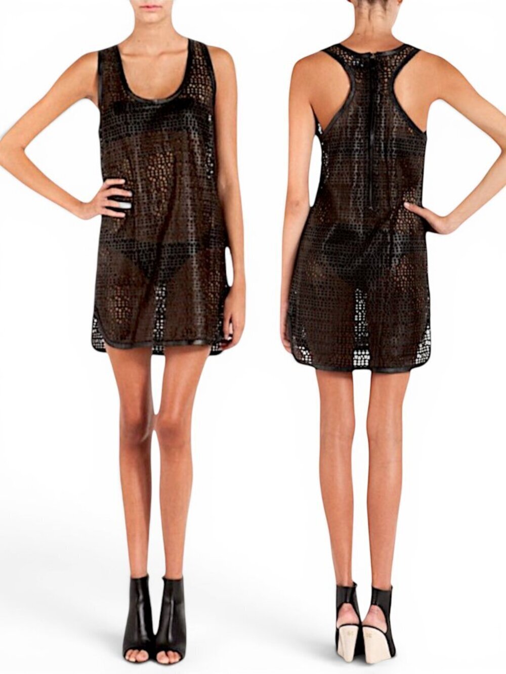 MLLE Mademoiselle Ilyada l00% Leather Black Lasercut Sheer Tank Dress New NWT 2